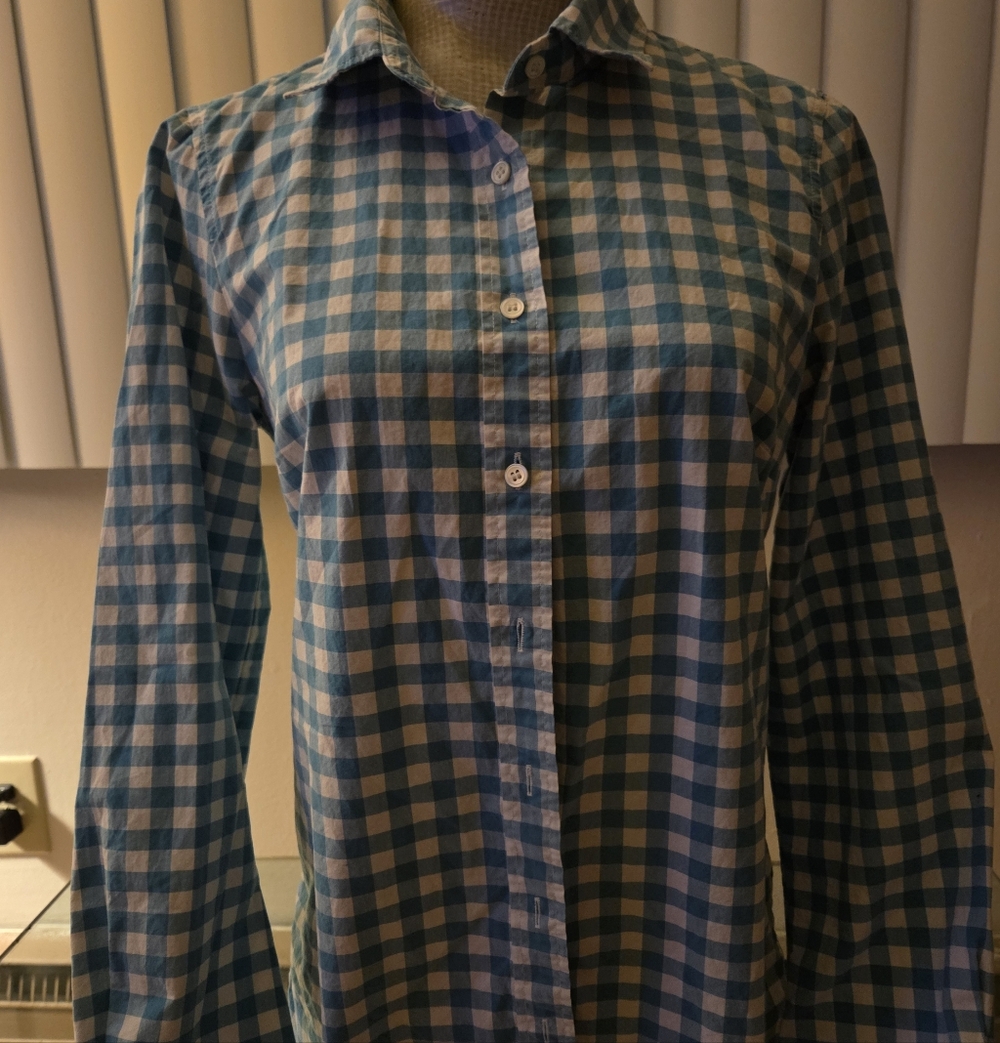 Baby BLUE Checkered WOMANS BUTTON UP DRESS Shirt.